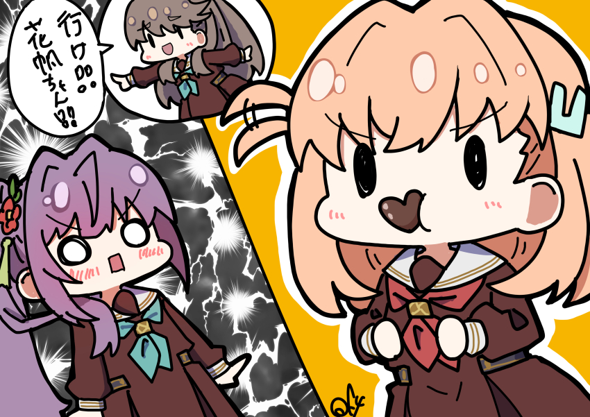 3girls absurdres blush brown_dress brown_hair candy cerise_bouquet chocolate chocolate_heart clenched_hands deformed dress flower food food_in_mouth fujishima_megumi green_neckerchief hair_flower hair_ornament hairclip hasu_no_sora_school_uniform heart highres hinoshita_kaho lightning_background link!_like!_love_live! long_hair long_sleeves looking_at_viewer love_live! medium_hair multiple_girls neckerchief o_o oofushi_ao open_mouth orange_hair otomune_kozue pointing purple_hair rabbit_hair_ornament red_neckerchief sailor_dress school_uniform side_ahoge side_ponytail signature smile speech_bubble translated winter_uniform