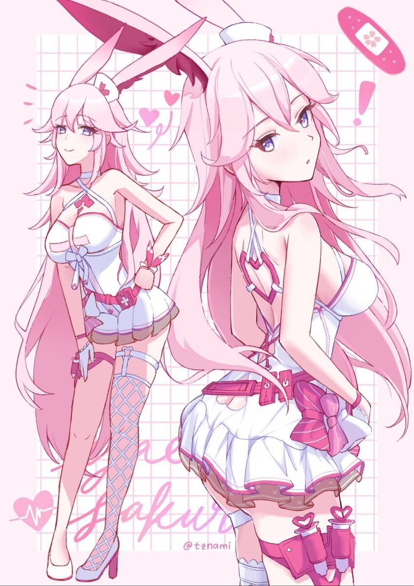 ! 1girl animal_ears back backless_dress backless_outfit breasts character_name commentary dress fishnet_thighhighs fishnets fox_ears fox_girl heart high_heels highres honkai_(series) honkai_impact_3rd large_breasts long_hair multiple_views nami_(tznami) official_alternate_costume pink_hair purple_eyes sideboob single_thighhigh smile thighhighs thighs very_long_hair white_dress yae_sakura yae_sakura_(gyakushinn_miko) yae_sakura_(summer_sakura)