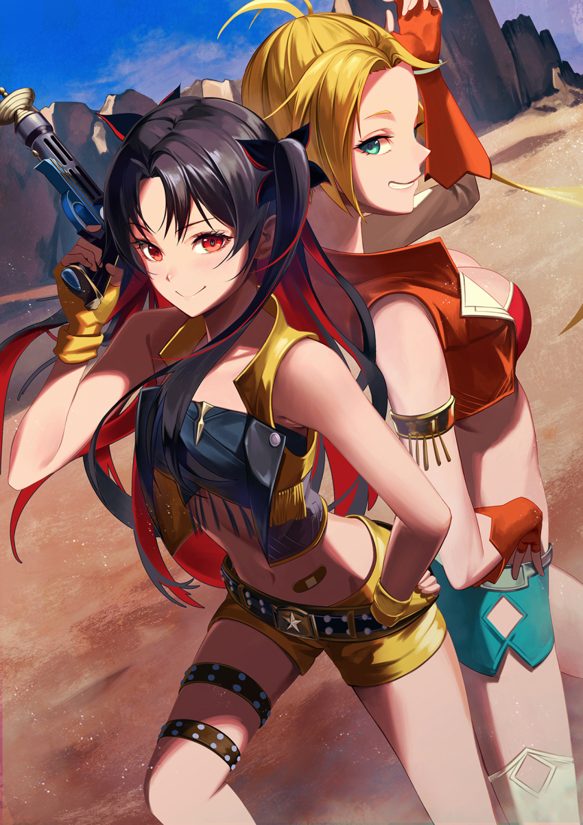 2girls bandeau bare_shoulders belt bikini black_hair blonde_hair blue_bandeau blue_shorts breasts brown_vest calamity_jane_(fate) calamity_jane_(first_ascension)_(fate) cleavage cropped_vest earrings fate/grand_order fate_(series) fingerless_gloves gloves green_eyes gun hair_ribbon hand_on_own_hip highres hoop_earrings ishtar_(fate) jewelry kainown long_hair looking_at_viewer medium_breasts multicolored_hair multiple_girls navel open_clothes open_vest parted_bangs red_bikini red_eyes red_hair ribbon short_shorts shorts side_ponytail smile space_ishtar_(fate) space_ishtar_(second_ascension)_(fate) star_tattoo swimsuit tattoo tiara two-tone_hair two_side_up vest weapon yellow_gloves yellow_shorts yellow_vest