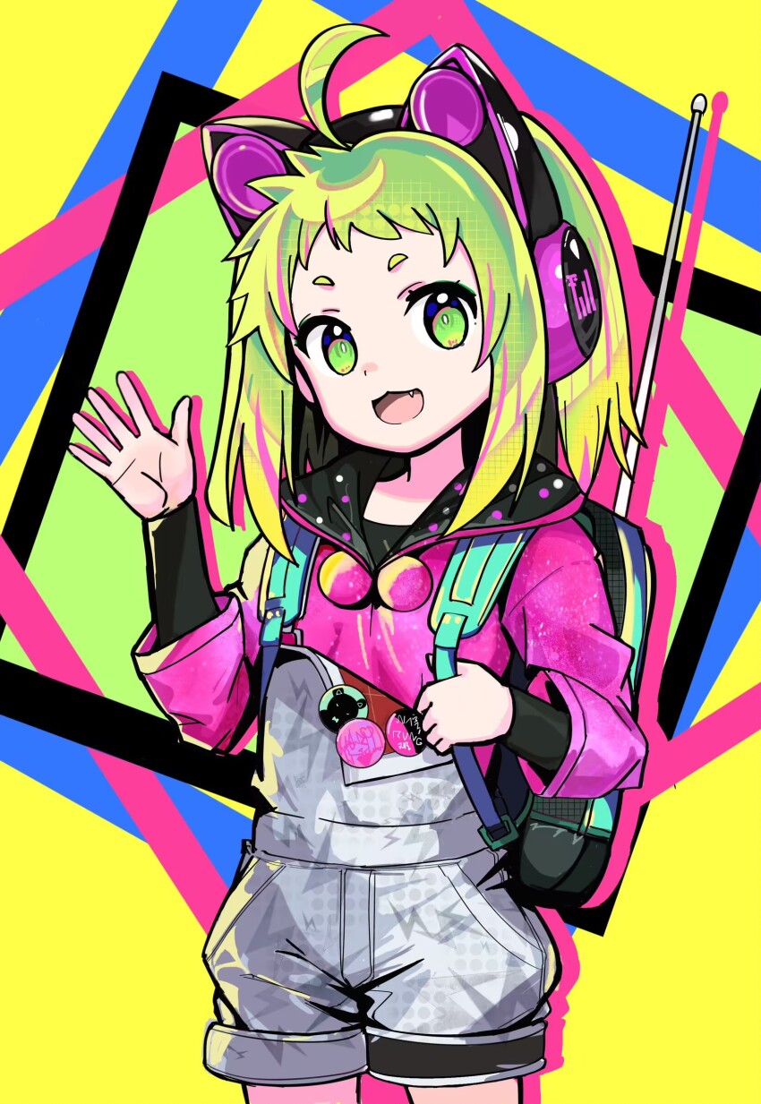 1girl :3 ahoge animal_ear_headphones animal_ears antenna_(dohna_dohna) backpack bag cat_ear_headphones dohna_dohna_issho_ni_warui_koto_o_shiyou fake_animal_ears fang green_eyes green_hair headphones highres hood hoodie looking_at_viewer nangong_(skarndrnjs) open_mouth radio_antenna shorts smile suspender_shorts suspenders waving