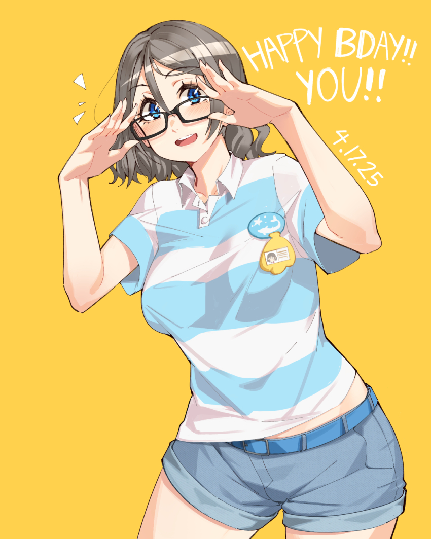 1girl arms_up blue_eyes blush brown_hair glasses hands_up highres looking_at_viewer love_live! love_live!_sunshine!! midriff open_mouth shirt short_hair short_sleeves shorts simple_background stomach t-shirt thighs toadsterz watanabe_you