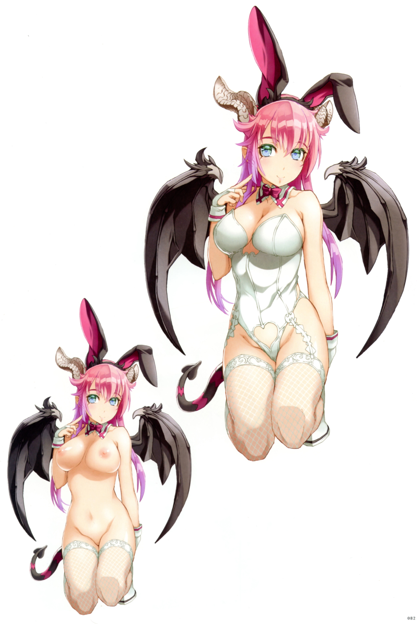 1girl absurdres animal_ears arm_at_side asmodeus_(sin_nanatsu_no_taizai) asmodeus_(the_seven_deadly_sins) black_wings blue_eyes bow bowtie breasts breasts_apart closed_mouth clothing_cutout demon_girl demon_horns demon_tail demon_wings detached_collar fake_animal_ears female_focus fishnet_thighhighs fishnets full_body garter_straps gloves groin hair_between_eyes hand_up heart_cutout highres horns index_finger_raised kneeling large_breasts leotard long_hair looking_at_viewer navel nipples nishii_(damnedrive) nitroplus nude official_art page_number partially_fingerless_gloves pink_bow pink_bowtie pink_hair playboy_bunny pointing pointing_at_self pointy_ears rabbit_ears scan shoes simple_background sin_nanatsu_no_taizai smile solo stomach tail the_seven_deadly_sins thighhighs white_background white_gloves white_shoes white_thighhighs wings