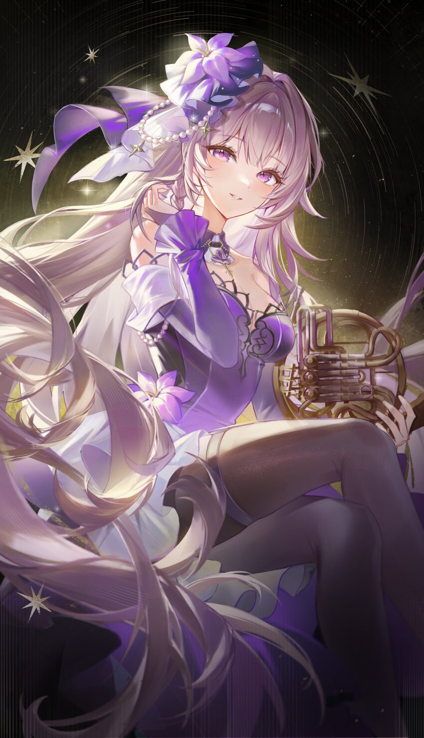 1girl absurdres bare_shoulders black_bridal_gauntlets black_pantyhose breasts bridal_gauntlets brown_hair commentary crossed_legs detached_sleeves dress fingernails flower hair_between_eyes hair_flower hair_ornament hand_up herta_(honkai:_star_rail) highres holding honkai:_star_rail honkai_(series) long_hair long_sleeves looking_at_viewer medium_breasts nail_polish object_request official_alternate_costume pantyhose parted_lips purple_eyes purple_flower purple_nails purple_sleeves sitting sleeveless sleeveless_dress smile sohan_(sohan_416) solo the_herta_(honkai:_star_rail) the_herta_(star_rail_live_2025)_(honkai:_star_rail) very_long_hair