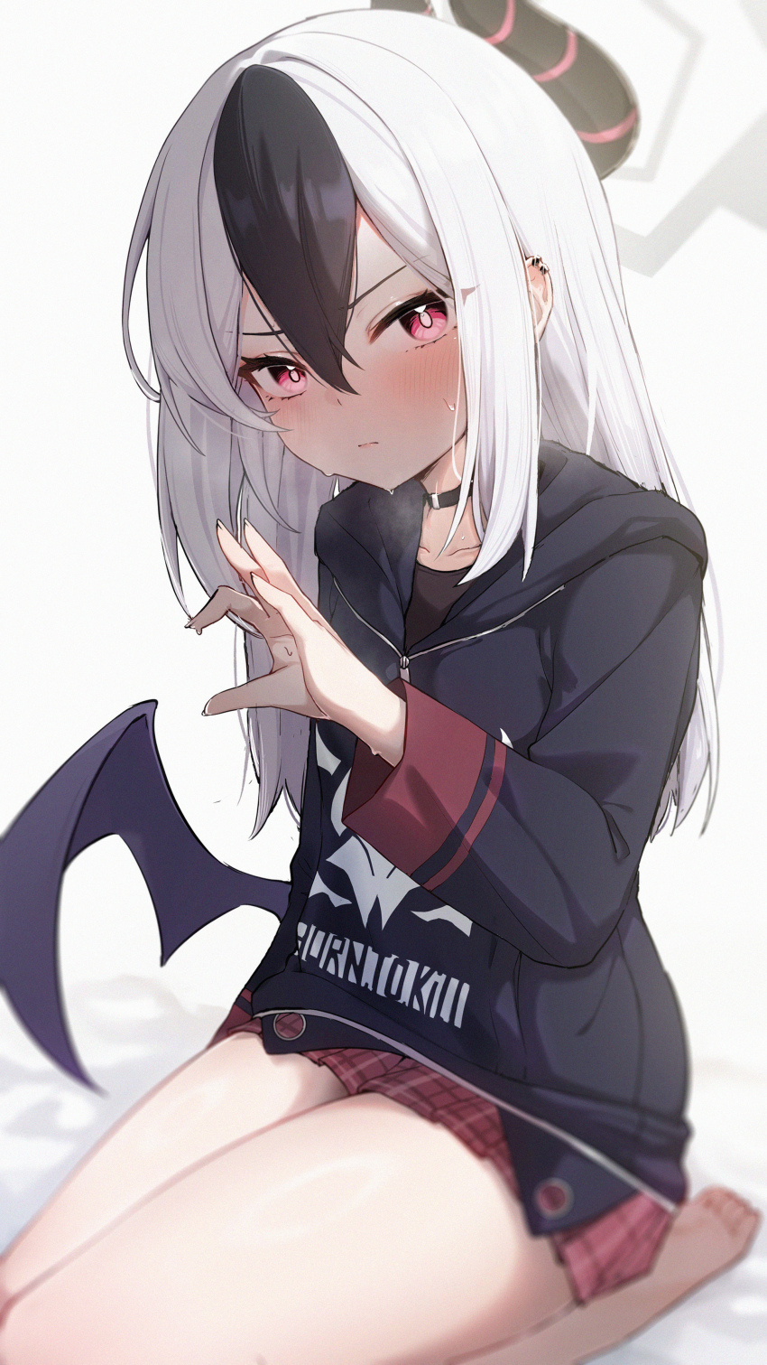 1girl absurdres bare_legs barefoot black_choker black_hair black_hoodie blue_archive blush choker closed_mouth demon_wings earclip grey_halo hair_between_eyes halo heart_hands_failure highres hood hood_down hoodie kayoko_(blue_archive) long_hair long_sleeves looking_at_viewer miniskirt number-only_commentary pink_eyes plaid_clothes plaid_skirt red_skirt seiza single_wing sitting skirt solo thighs wendao white_hair wings