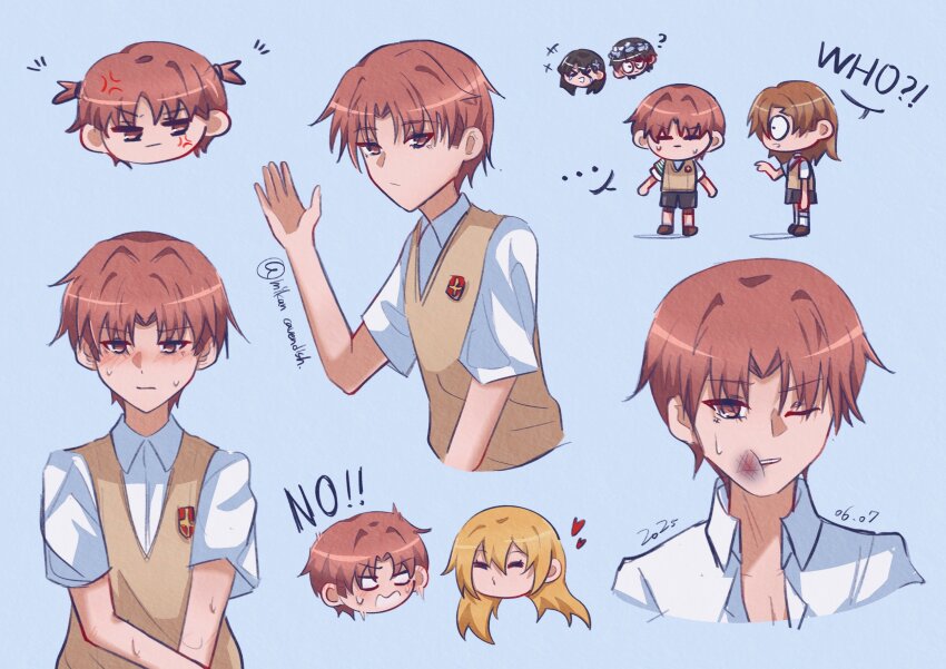 1boy 4girls ? absurdres anger_vein black_hair blonde_hair blowing_kiss blush brown_eyes brown_hair brown_sweater_vest bruise bruise_on_face collared_shirt commentary embarrassed genderswap genderswap_(ftm) grey_shorts grey_skirt highres injury mikan_cavendish misaka_mikoto multiple_girls multiple_views saten_ruiko school_emblem school_uniform shirai_kuroko shirt shokuhou_misaki short_hair short_sleeves short_twintails shorts simple_background skirt summer_uniform sweater_vest symbol-only_commentary toaru_kagaku_no_railgun toaru_majutsu_no_index tokiwadai_school_uniform twintails twitter_username uiharu_kazari v-neck white_shirt