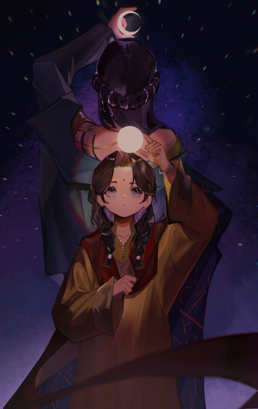 2girls aged_down arm_up back-to-back bare_shoulders black_background black_hair blue_coat blue_eyes braid closed_mouth coat crescent_moon facial_mark forehead_mark full_moon glowing gradient_background hand_up hands_up highres holding_planet kaalaa_baunaa looking_up low_twin_braids moon multiple_girls off_shoulder parted_bangs purple_background red_scarf reverse:1999 robe scarf time_paradox twin_braids weishanli4 yellow_robe