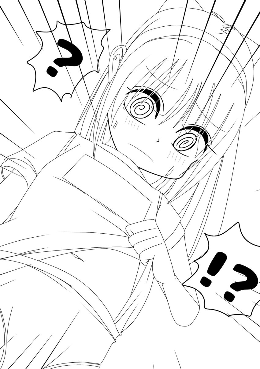 !? 1girl @_@ breasts buruma clothes_lift crazy_eyes hair_ribbon highres legs lifting_own_clothes long_hair looking_at_viewer looking_down monochrome nakoruru navel ribbon samurai_spirits shirt_lift small_breasts snk solo sports_festival sportswear surprised sweatdrop the_king_of_fighters thighs