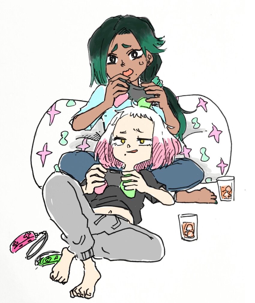 2girls barefoot black_eyes black_shirt blue_pants blue_shirt casual commentary_request controller crossed_ankles crossed_legs dark-skinned_female dark_skin eyelashes full_body furrowed_brow game_controller glass gradient_hair green_hair grey_pants highres holding holding_controller holding_game_controller humanization ice ice_cube ikaring_banban joy-con juice lap_pillow long_hair low_ponytail lying marina_(splatoon) medium_hair midriff_peek mole mole_under_mouth multicolored_hair multiple_girls navel nintendo nintendo_switch_pro_controller on_back open_mouth pants parted_lips pearl_(splatoon) pillow pink_hair playing_games ponytail shirt simple_background sitting smirk splatoon_(series) sweatdrop sweatpants t-shirt toenails toes very_long_hair wavy_mouth white_background white_hair yellow_eyes