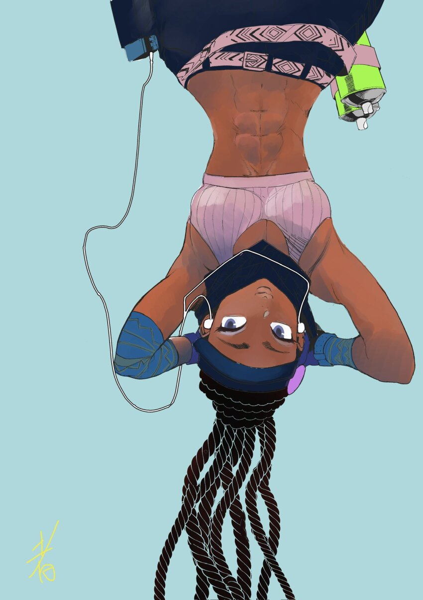 1girl abs bare_shoulders black_hair blue_eyes breasts crop_top dark-skinned_female dark_skin hat headphones highres hiroshi_mono kimberly_jackson medium_breasts multi-tied_hair pants sleeveless street_fighter street_fighter_6 upside-down