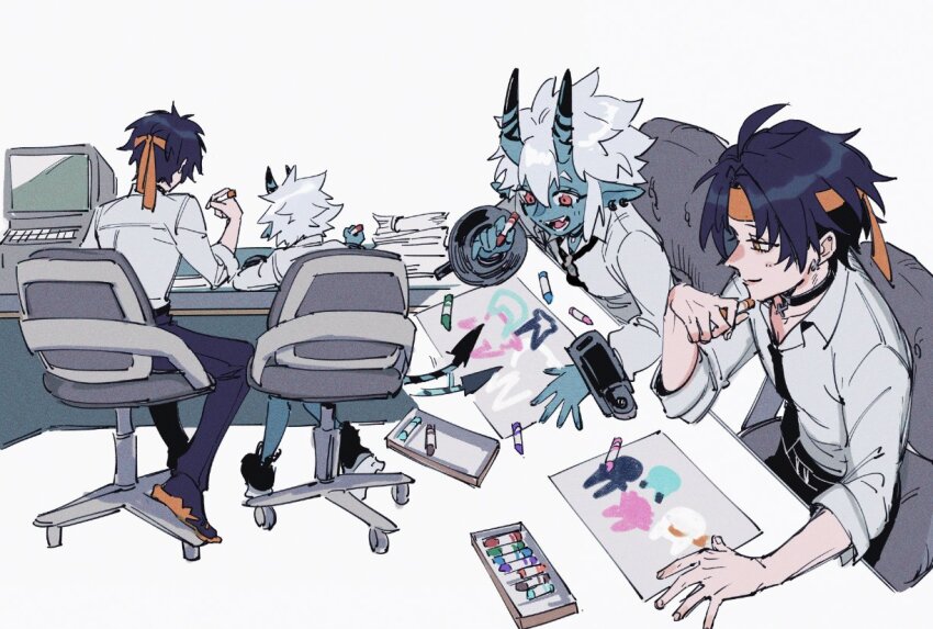 1boy 1girl asaba_harumasa black_choker black_footwear black_necktie black_pants blue_horns blue_oni blue_skin blue_tail chair child&#039;s_drawing choker collared_shirt colored_skin computer crayon cuffs drawing_(object) earrings hair_between_horns headband holding holding_crayon horns jewelry long_sleeves multicolored_horns necktie office_chair offnanoda oni pants paper paper_stack pointy_ears red_eyes shackles shirt sitting skin-covered_horns skin-covered_tail sleeves_rolled_up soukaku_(zenless_zone_zero) swivel_chair two-tone_horns two-tone_tail white_background white_shirt yellow_eyes yellow_headband zenless_zone_zero