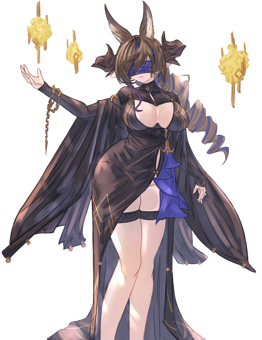 1girl absurdres animal_ears black_dress blue_blindfold blue_hair breasts brown_dress brown_hair chain chain_bracelet cleavage cleavage_cutout closed_mouth clothing_cutout dress drill_hair extra_ears fox_ears galleon_(granblue_fantasy) galleon_(life&#039;s_compassionate_observer)_(granblue_fantasy) granblue_fantasy groin hair_between_eyes highres horns large_breasts long_hair long_sleeves mou_pl multicolored_hair pointy_ears solo streaked_hair thigh_strap thighs