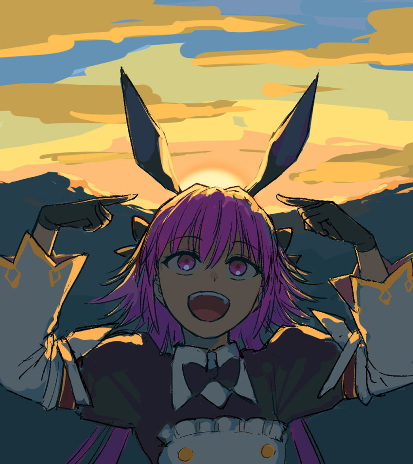 1boy animal_ears astolfo_(fate) astolfo_(saber)_(fate) b_suke black_bow black_bowtie bow bowtie cloud commentary_request fake_animal_ears fate/grand_order fate_(series) highres long_hair low_twintails male_focus mountain open_mouth pink_eyes pink_hair pointing pointing_at_self rabbit_ears smile solo sunset trap twintails upper_body