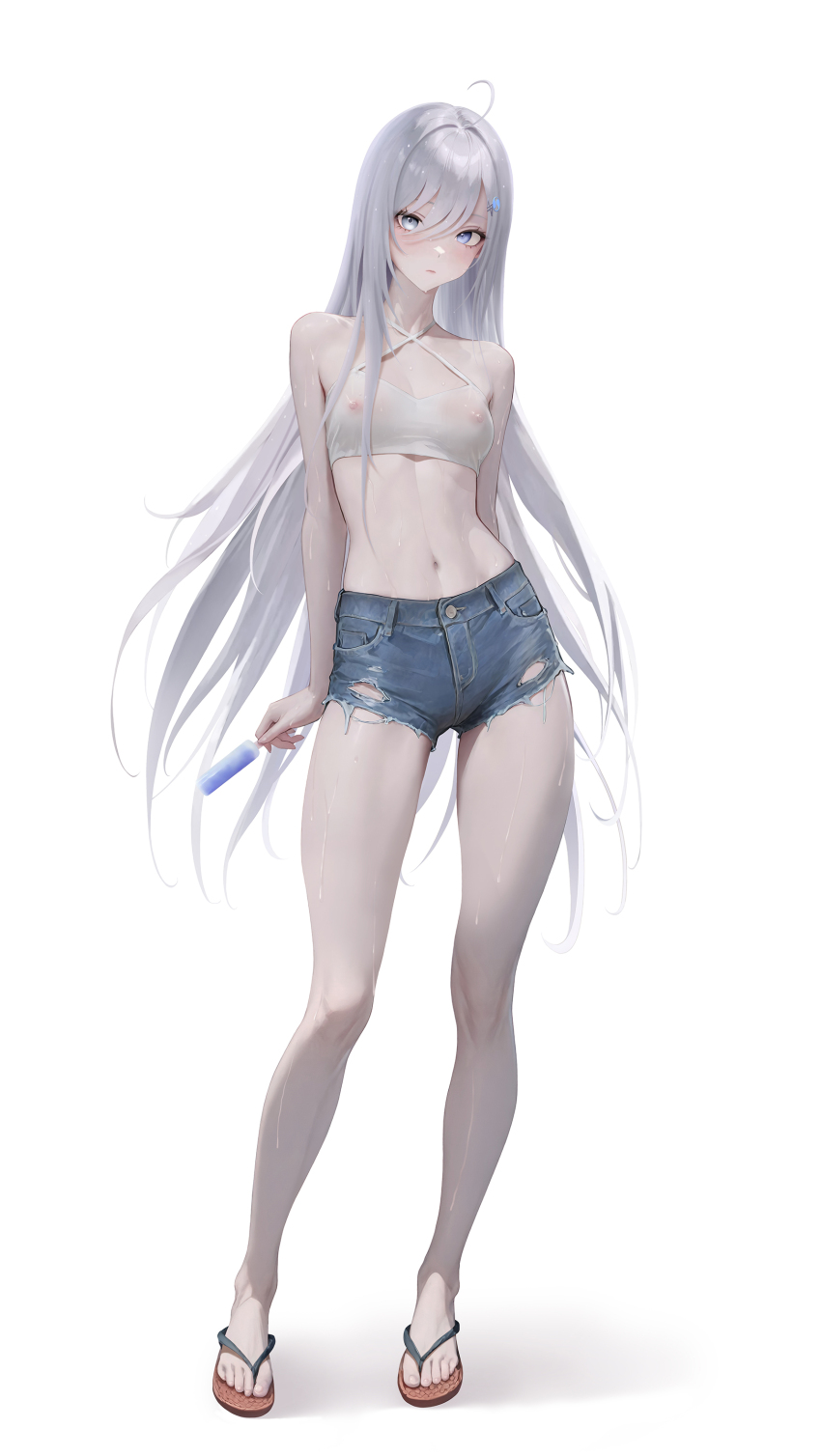 1girl absurdres arm_behind_back blue_eyes blue_shorts breasts cleavage closed_mouth covered_erect_nipples crop_top denim denim_shorts expressionless flip-flops food full_body highres holding holding_food holding_popsicle long_hair looking_at_viewer midriff navel nipples no_bra nyarko popsicle sandals shibou_yuugi_de_meshi_o_kuu shirt short_shorts shorts simple_background small_breasts solo stomach sweat very_long_hair wet wet_clothes wet_shirt white_background white_hair white_shirt yuuki_(shibou_yuugi)