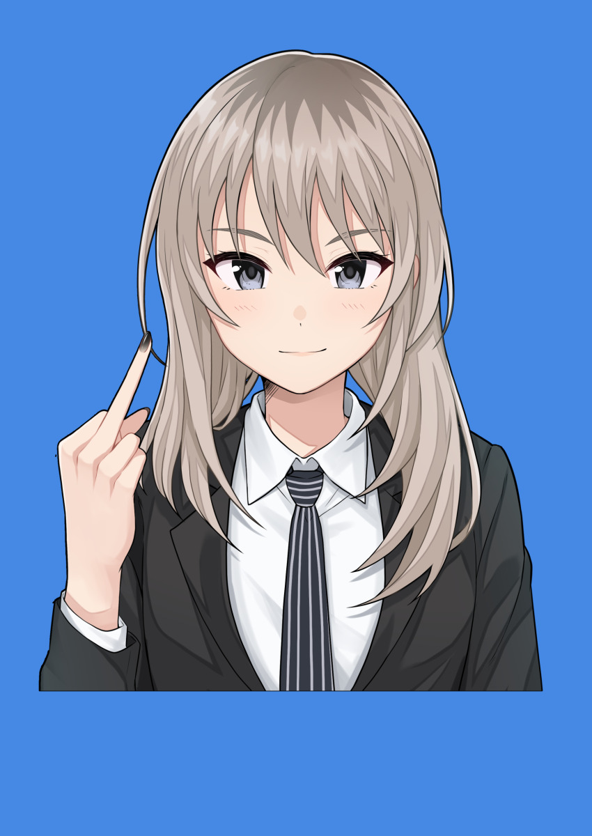 1girl absurdres black_jacket black_nails black_necktie blue_background blush closed_mouth collared_shirt commentary_request cropped_torso girls_band_cry gradient_nails grey_eyes grey_hair highres jacket kawaragi_momoka long_hair long_sleeves looking_at_viewer middle_finger multicolored_hair nail_polish necktie roots_(hair) rrtp shirt simple_background solo striped_necktie white_shirt