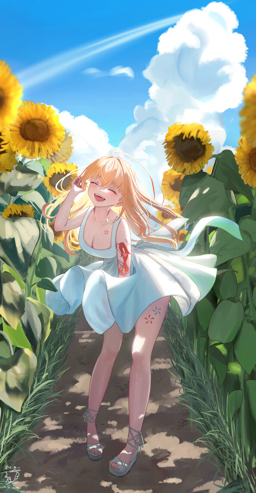 1girl absurdres alternate_costume alternate_hairstyle arm_tattoo blonde_hair blue_sky breasts cleavage closed_eyes cloud cloudy_sky dress facing_viewer floating_hair flower full_body genshin_impact highres leg_tattoo open_mouth outdoors sandals sazanami_(re_n_rentaro) sky sleeveless sleeveless_dress smile standing sunflower tattoo white_dress white_sandals yoimiya_(genshin_impact)