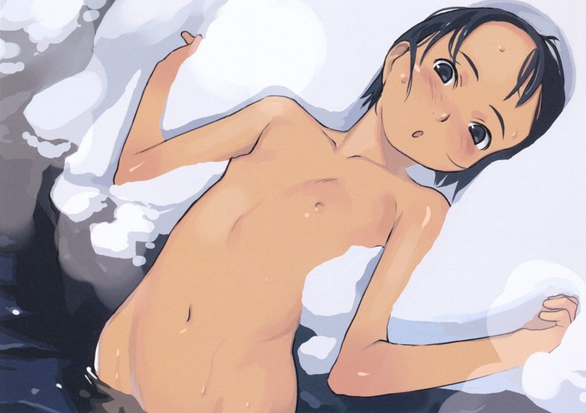 1girl :o black_eyes black_hair blush completely_nude female_focus flat_chest loli lying nose_blush nude on_back onsen original outstretched_arms partially_submerged short_hair snow solo spread_arms takamichi third-party_source upper_body water wet winter