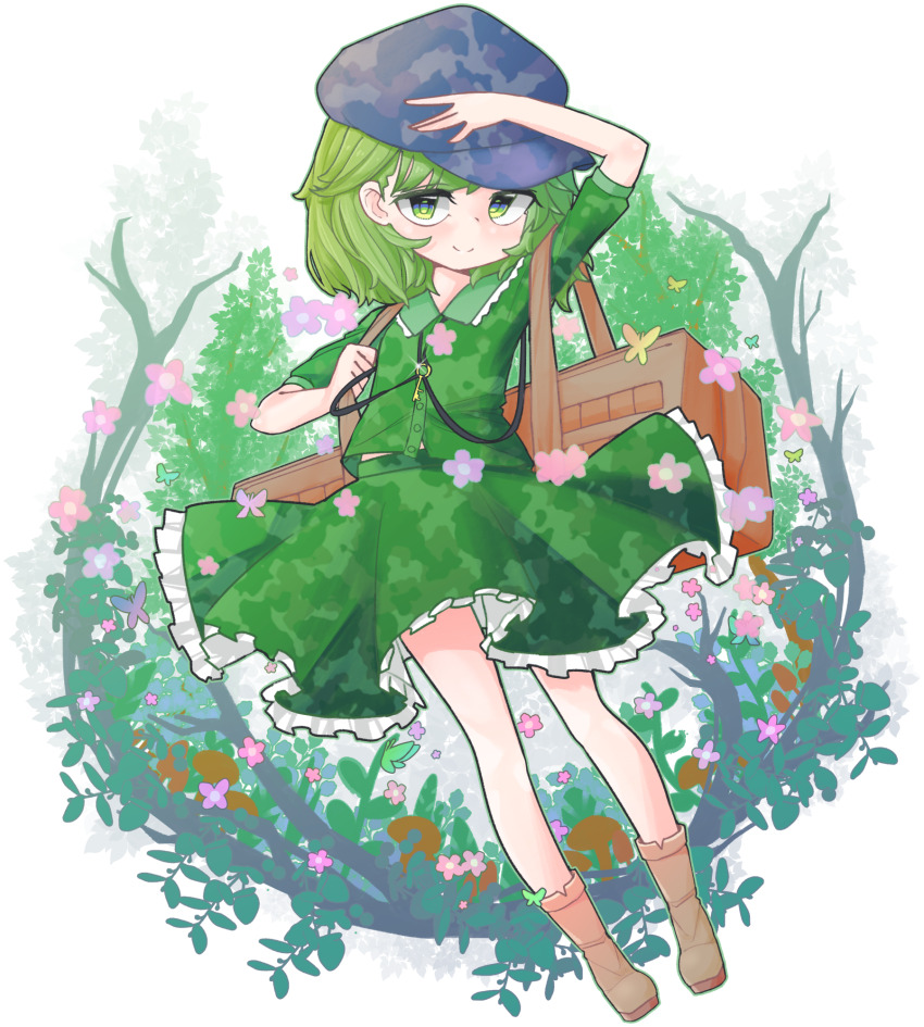1girl black_hat box brown_footwear closed_mouth commentary flat_cap frilled_skirt frills full_body green_eyes green_hair green_shirt green_skirt hand_on_headwear hat highres key looking_at_viewer pink_hat plant shirt short_hair short_sleeves skirt smile solo touhou wrevhy yamashiro_takane