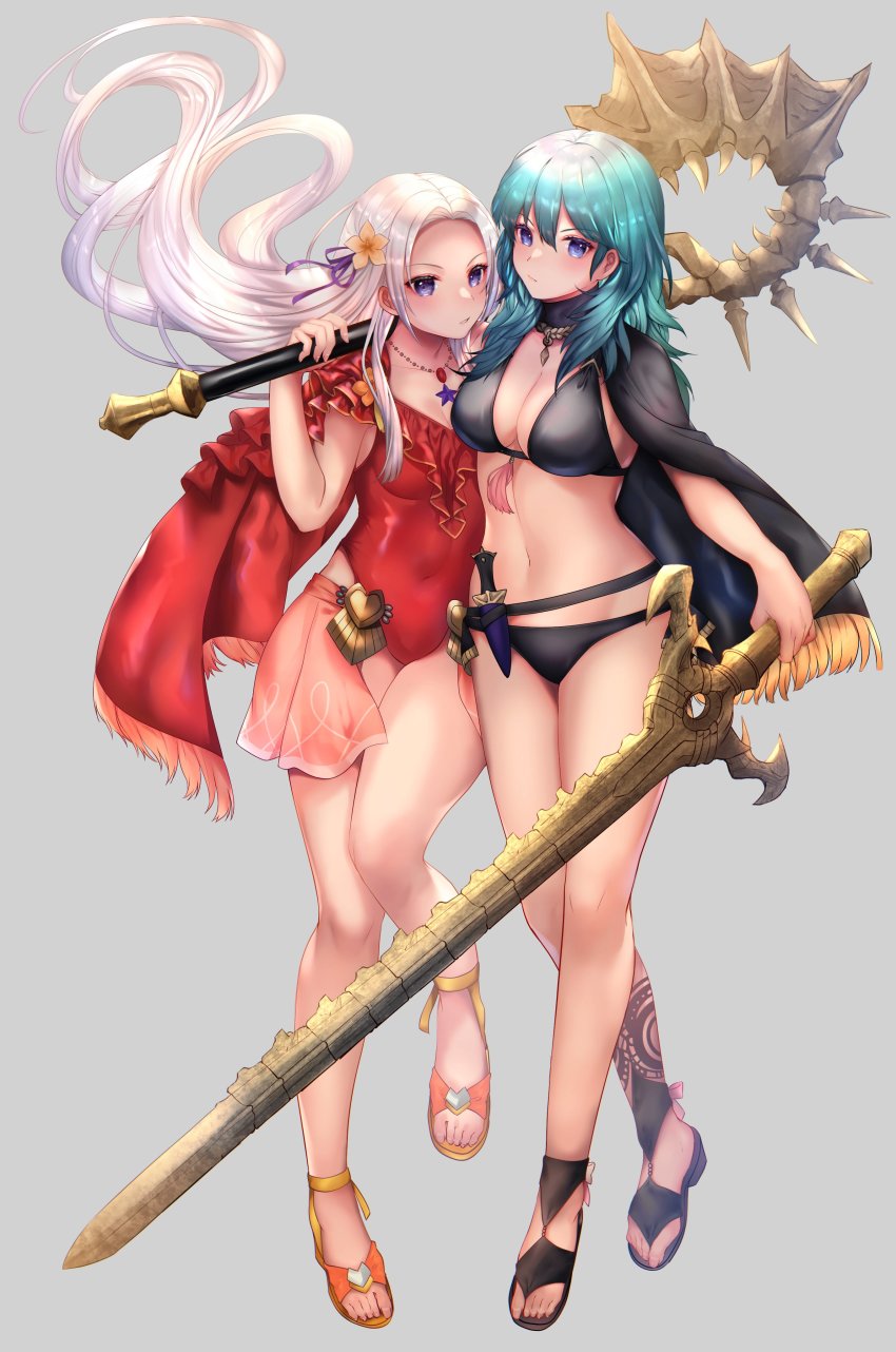 2girls absurdres ankle_ribbon asada_sadao asymmetrical_footwear axe aymr_(fire_emblem) belt bikini black_bikini blue_eyes blue_hair breasts cape capelet cleavage covered_navel dagger edelgard_von_hresvelg edelgard_von_hresvelg_(summer) female_byleth_(fire_emblem) female_byleth_(summer)_(fire_emblem) female_focus fire_emblem fire_emblem:_three_houses fire_emblem_heroes flower frilled_one-piece_swimsuit frills full_body grey_background grey_hair hair_flower hair_ornament hair_ribbon halterneck hibiscus high_heel_sandals highleg highleg_swimsuit highres holding holding_axe holding_sword holding_weapon jewelry knife large_breasts leg_ribbon long_hair medium_breasts medium_hair multiple_girls navel necklace nintendo official_alternate_costume official_art one-piece_swimsuit pendant plumeria red_cape red_one-piece_swimsuit ribbon sandals simple_background standing swimsuit sword sword_of_the_creator tassel toeless_footwear weapon