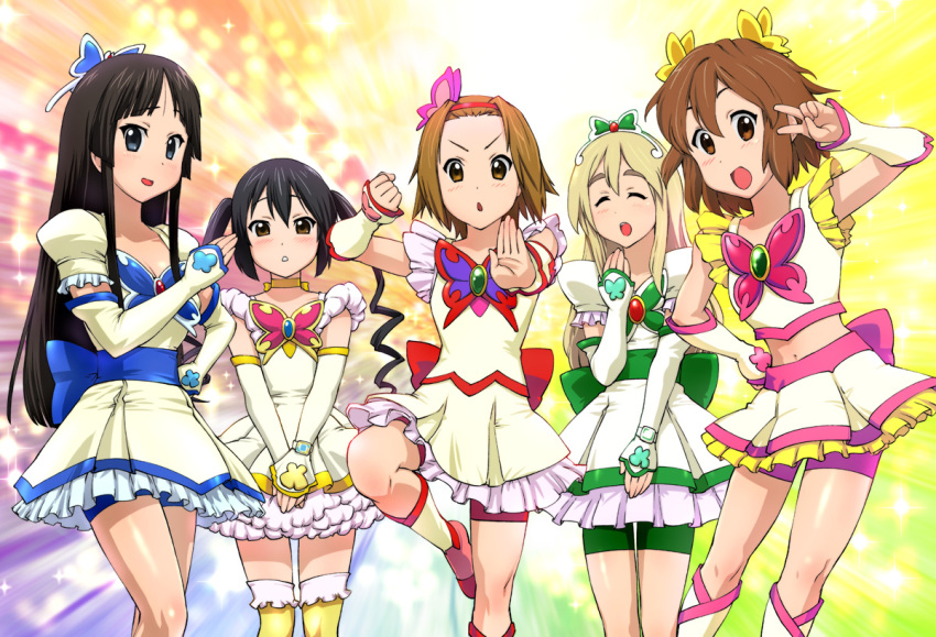 00s 5girls akiyama_mio black_hair blonde_hair blue_eyes blue_shorts brown_eyes brown_hair butterfly_hair_ornament cosplay cure_aqua cure_aqua_(cosplay) cure_dream cure_dream_(cosplay) cure_lemonade cure_lemonade_(cosplay) cure_mint cure_mint_(cosplay) cure_rouge cure_rouge_(cosplay) detached_sleeves green_shorts hair_ornament hirasawa_yui k-on! kotobuki_tsumugi magical_girl multiple_girls nakano_azusa parody pink_shorts precure red_shorts shorts shorts_under_skirt standing tainaka_ritsu thick_eyebrows thighhighs twintails ueyama_michirou yellow_eyes yes!_precure_5