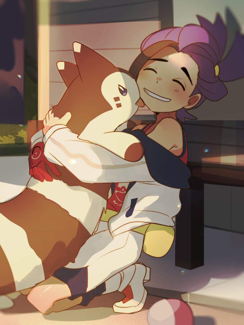 1boy black_hair blue_socks blush closed_eyes commentary_request day furret gen_2_pokemon gloves grin highres hug jacket kieran_(pokemon) kneeling licking licking_another&#039;s_face long_sleeves male_focus multicolored_hair nintendo off_shoulder outdoors pokemon pokemon_(creature) pokemon_sv purple_hair red_gloves red_shirt shirt shoes shorts single_glove smile socks suikaels teeth tongue tongue_out two-tone_hair white_footwear white_jacket white_shorts