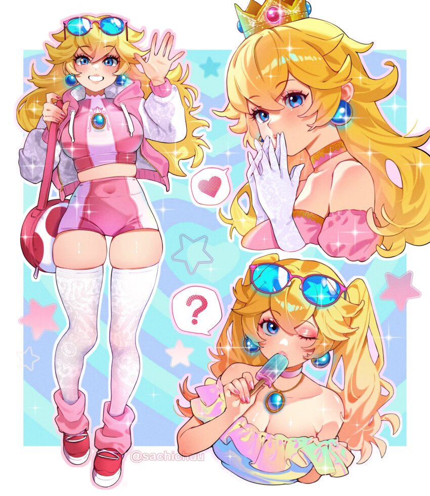 1girl ? absurdres alternate_hairstyle artist_name bare_shoulders blonde_hair blue-tinted_eyewear blue_eyes border breasts choker cleavage commentary cropped_shirt crossed_bangs crown earrings eating english_commentary eyelashes eyeshadow eyewear_on_head food food_in_mouth frills gloves gold_crown heart high-waist_shorts highres holding_strap jacket jewelry lace lace_thighhighs large_breasts long_hair long_sleeves loose_socks makeup mario_(series) melting_popsicle multiple_views nail_polish nintendo off_shoulder one_eye_closed open_clothes open_jacket outside_border own_hands_together pink-framed_eyewear pink_choker pink_eyeshadow pink_jacket pink_nails pink_shorts popsicle popsicle_in_mouth princess_peach red_bag red_shoes sachichuu shoes shorts smile socks sphere_earrings spoken_heart spoken_question_mark star_(symbol) sunglasses teeth thighhighs tinted_eyewear twintails twitter_username waving white_border white_gloves white_thighhighs