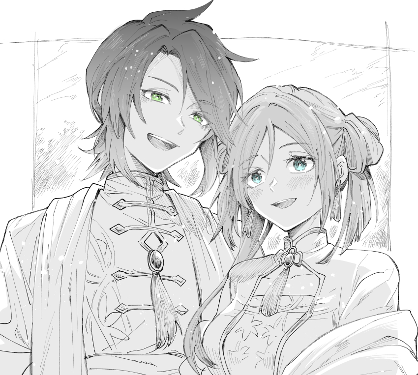 1boy 1girl absurdres blue_eyes breasts china_dress chinese_clothes commentary_request double_bun dress earrings green_eyes greyscale hair_bun height_difference high_collar highres jewelry kudou_makoto light_blush long_hair looking_at_another looking_at_viewer luke_fon_fabre medium_breasts monochrome official_alternate_costume official_alternate_hairstyle open_mouth short_hair single_sidelock smile spot_color tales_of_(series) tales_of_festival_2023 tales_of_the_abyss tangzhuang tassel tassel_earrings tear_grants teeth upper_body upper_teeth_only white_background