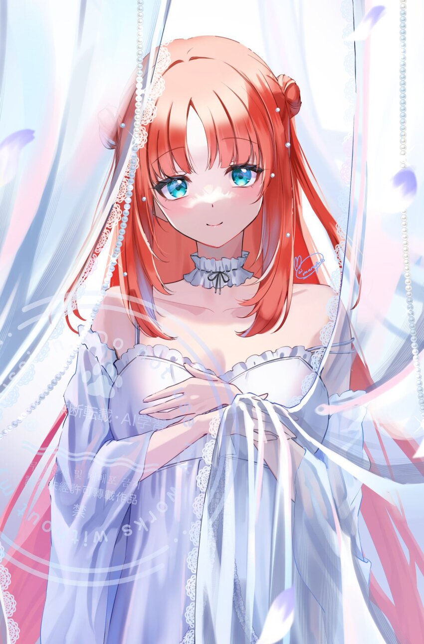 1girl alternate_costume aqua_eyes bare_shoulders breasts choker cleavage closed_mouth collarbone commentary_request detached_sleeves double_bun frilled_choker frills genshin_impact hair_bun hands_up highres long_hair long_sleeves marufus medium_breasts nilou_(genshin_impact) parted_bangs red_hair signature sleeveless smile solo very_long_hair white_choker white_sleeves