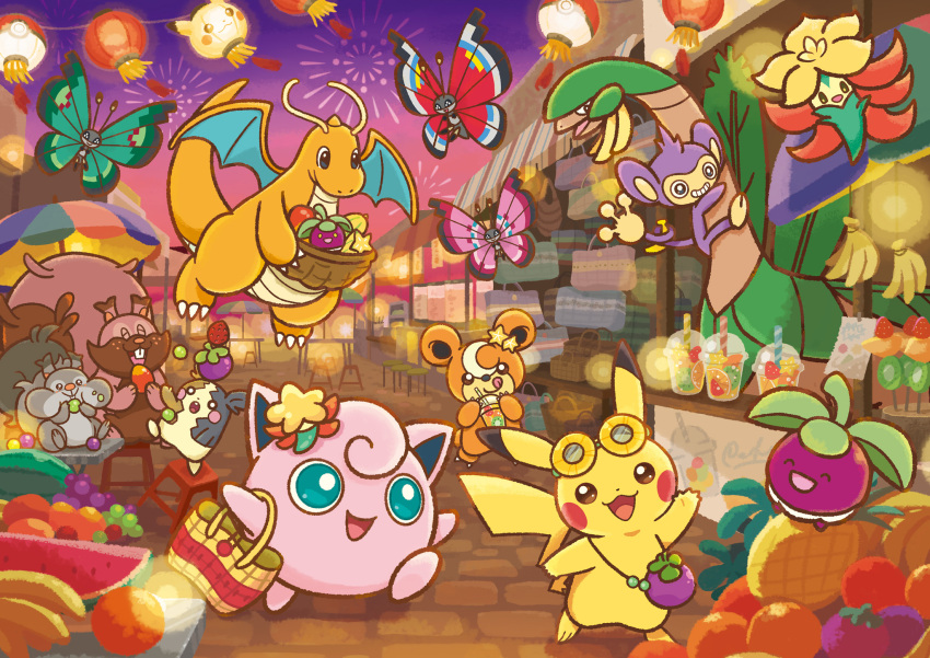 :d ^_^ aipom bag banana bounsweet bright_pupils closed_eyes commentary_request cup drinking_straw festival fireworks food fruit gen_1_pokemon gen_2_pokemon gen_3_pokemon gen_6_pokemon gen_7_pokemon gen_8_pokemon gossifleur greedent green_eyes grin happy highres jigglypuff market_stall morpeko morpeko_(full) night nintendo no_humans official_art open_mouth orange_(fruit) outdoors pikachu pokemon pokemon_(creature) skwovet sky smile stool strawberry sunglasses teddiursa teeth tongue tropius vivillon watermelon watermelon_slice waving white_pupils