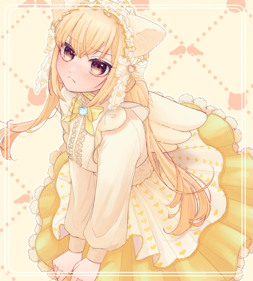 1girl animal_ears animal_print blonde_hair bow brooch cat_ears cat_print center_frills chin_strap frilled_skirt frills headdress heart heart_print highres holding inda_karane jewelry kimi_no_koto_ga_dai_dai_dai_dai_daisuki_na_100-nin_no_kanojo light_blush long_hair long_sleeves oknomyk puffy_long_sleeves puffy_sleeves shy skirt skirt_hold solo twintails wing_print yellow_bow yellow_eyes yellow_skirt