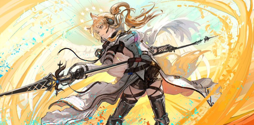 animal_ear_fluff animal_ears arknights blonde_hair brown_eyes cape energy_spear headset highres holding_behind_back holding_weapon_behind_back horse_ears horse_girl horse_tail implied_extra_ears kasumi_yuzuha nearl_(arknights) nearl_the_radiant_knight_(arknights) polearm ponytail swordstaff tail weapon white_cape