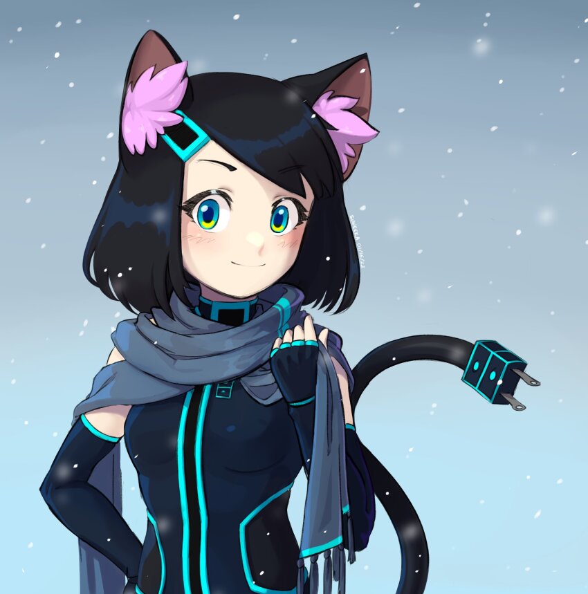 1girl adjusting_scarf animal_ear_fluff animal_ears black_bodysuit black_gloves black_hair blue_bodysuit blue_eyes bodysuit cable commentary dated elbow_gloves electric_plug english_commentary fingerless_gloves gloves hair_ornament hairclip hand_on_own_hip haqu_(suweeka) highres looking_at_viewer original scarf short_hair signature smile snow solo suweeka two-tone_bodysuit upper_body