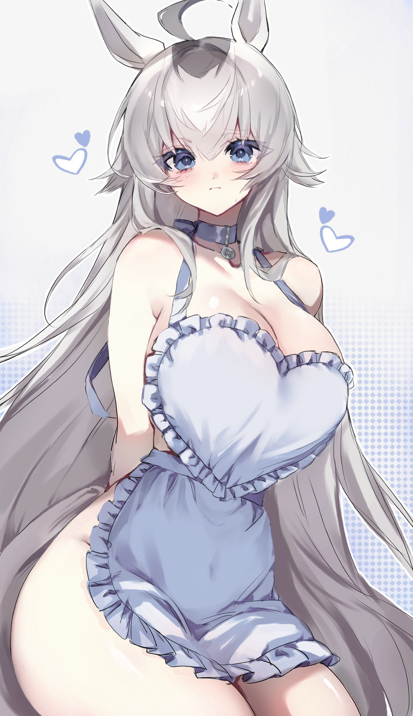 1girl absurdres ahoge animal_ears apron arms_behind_back blue_eyes breasts cleavage closed_mouth commentary frilled_apron frills grey_hair grey_streaks hair_between_eyes hair_flaps heart highres horse_ears horse_girl horse_tail large_breasts long_hair looking_at_viewer naked_apron oguri_cap_(umamusume) simple_background solo sweat tail thick_thighs thighs tuwu_(user_yvte3782) umamusume umamusume:_cinderella_gray white_apron white_background