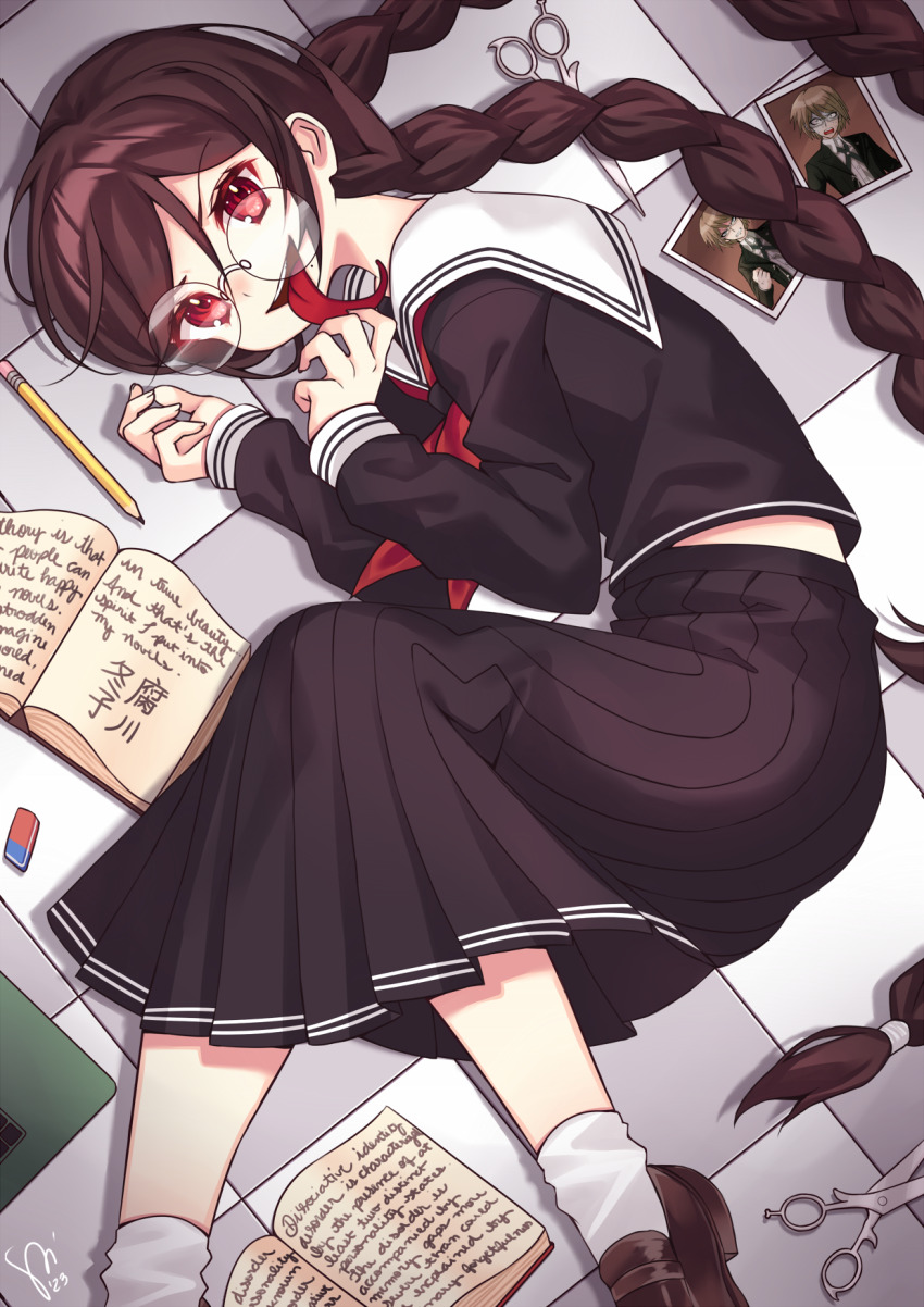 1girl book braid brown_hair brown_shoes collared_shirt commentary_request danganronpa:_trigger_happy_havoc danganronpa_(series) dated eraser eyelashes from_above fukawa_toko genocider_shou glasses hair_between_eyes highres long_hair long_sleeves long_tongue looking_at_viewer lying mole mole_under_mouth neckerchief on_side open_book open_mouth pencil photo_(object) purple_serafuku purple_shirt purple_skirt red_eyes red_neckerchief round_eyewear sailor_collar school_uniform scissors serafuku shirt shoes signature skirt skirt_set smile socks solo teeth tile_floor tiles togami_byakuya tongue tongue_out twin_braids twintails upper_teeth_only very_long_hair watashishi white_sailor_collar white_socks