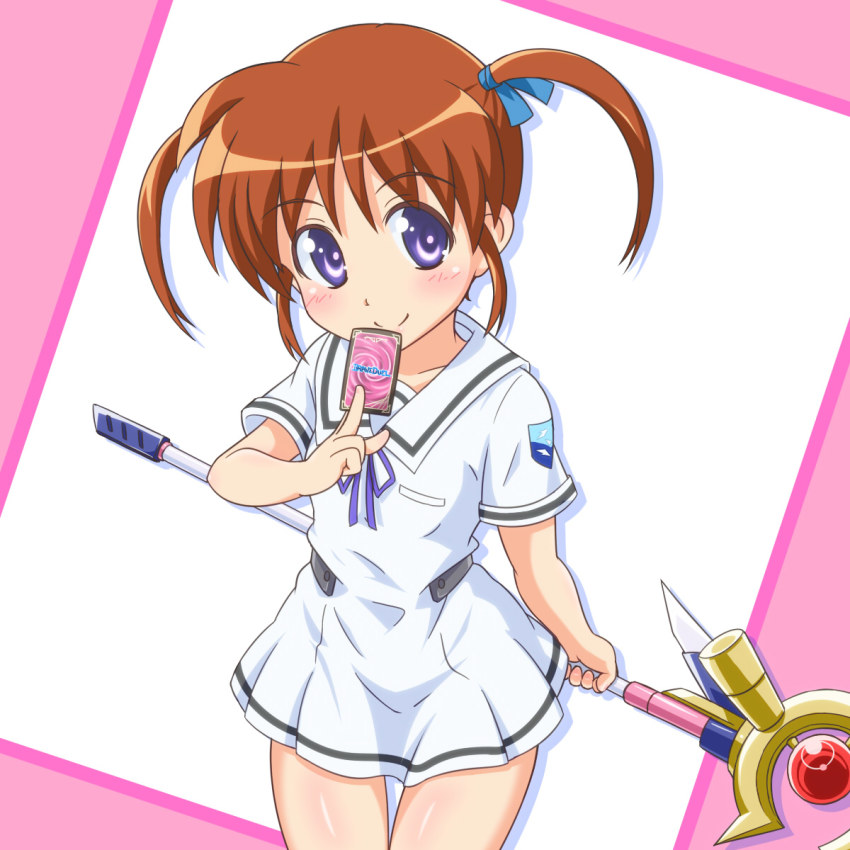 1girl armor card female_focus highres holding holding_card lyrical_nanoha magical_girl mahou_shoujo_lyrical_nanoha_innocent purple_eyes raising_heart raising_heart_(device_mode)_(1st) short_twintails solo staff takamachi_nanoha twintails yosuzu