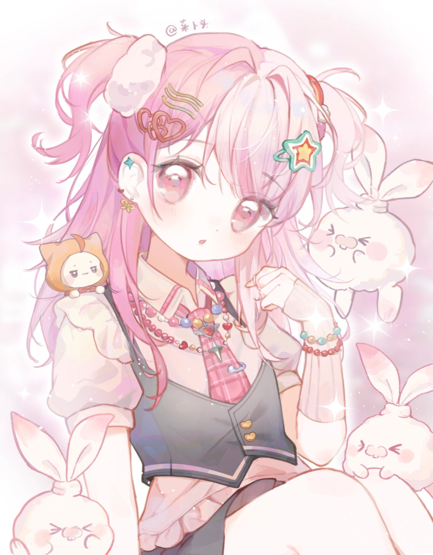 1girl :3 :o absurdres ahoge animal animal_on_shoulder artist_name baonu_de_zhanshen_caibutou bead_bracelet bead_necklace beads black_eyes black_skirt black_vest blushbunny bow bowtie bracelet buttons cat chinese_commentary cloak clothed_animal collared_shirt commentary_request commission cowboy_shot dot_nose ear_covers ear_piercing earrings eyelashes frilled_shirt frilled_skirt frilled_vest frills hair_ornament hair_scrunchie hairclip heart heart_button heart_earrings heart_hair_ornament highres hood hood_up hooded_cloak infinity_nikki jewelry light_blush light_particles long_hair looking_at_viewer loose_hair_strand miniskirt momo_(nikki) multicolored_hair multiple_earrings necklace necktie nikki_(series) open_mouth outline piercing pink_arm_warmers pink_background pink_eyes pink_hair pink_necktie pink_shirt plaid_clothes plaid_necktie puffy_short_sleeves puffy_sleeves rabbit rainbow_hair_ornament red_bow red_bowtie ribbon ribbon_earrings rosie_sweetheart_(infinity_nikki) scrunchie shirt short_sleeves sidelocks sitting skirt solo sparkle star_(symbol) star_hair_ornament swept_bangs tie_clip two-tone_hair two_side_up undersized_animal vest white_cat white_outline white_scrunchie x_hair_ornament y2k_fashion yellow_cloak yellow_ribbon