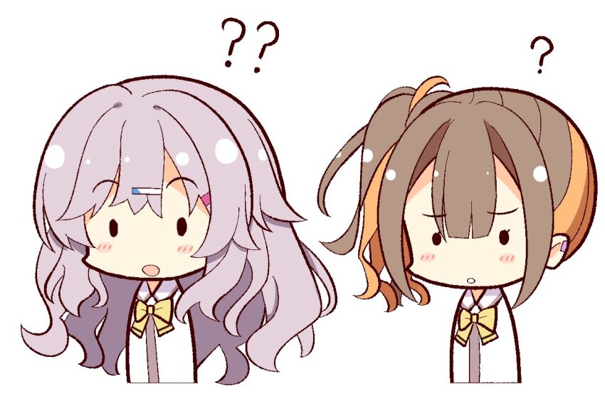 2girls :o ? ?? blush_stickers bow bowtie brown_hair center-flap_bangs chibi chibi_only clueless collared_shirt commentary_request furrowed_brow grey_hair gyaru hair_ornament hairclip kinoshita_kaede long_hair multicolored_hair multiple_girls o_o open_mouth orange_hair school_uniform sesen2000 shiraishi_chika shirt side-by-side side_ponytail simple_background tenshi_souzou_re-boot! two-tone_hair upper_body wavy_hair white_background white_shirt yellow_bow yellow_bowtie