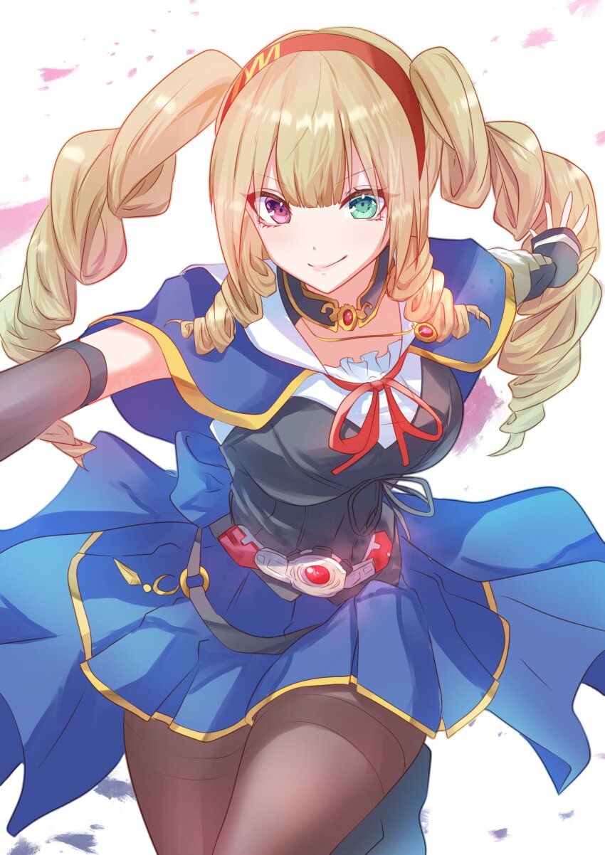 &gt;:) 1girl absurdres assault_lily belt black_belt black_boots black_shirt blonde_hair blue_capelet blue_skirt blunt_bangs boots breasts brown_gloves brown_pantyhose capelet closed_mouth commentary_request cowboy_shot drill_hair drill_sidelocks elbow_gloves gloves green_eyes hands_up heterochromia highres houji_tea_latte komai_sumire leg_up long_hair looking_at_viewer loose_belt medium_breasts miniskirt neck_ribbon o-ring o-ring_belt odaiba_girls_high_school_uniform outstretched_arms pantyhose pink_eyes pleated_skirt red_belt red_ribbon ribbon school_uniform shirt sidelocks simple_background skirt smirk solo standing standing_on_one_leg thighband_pantyhose twintails two-tone_belt two-tone_shirt v-shaped_eyebrows waist_cape white_background white_belt white_shirt