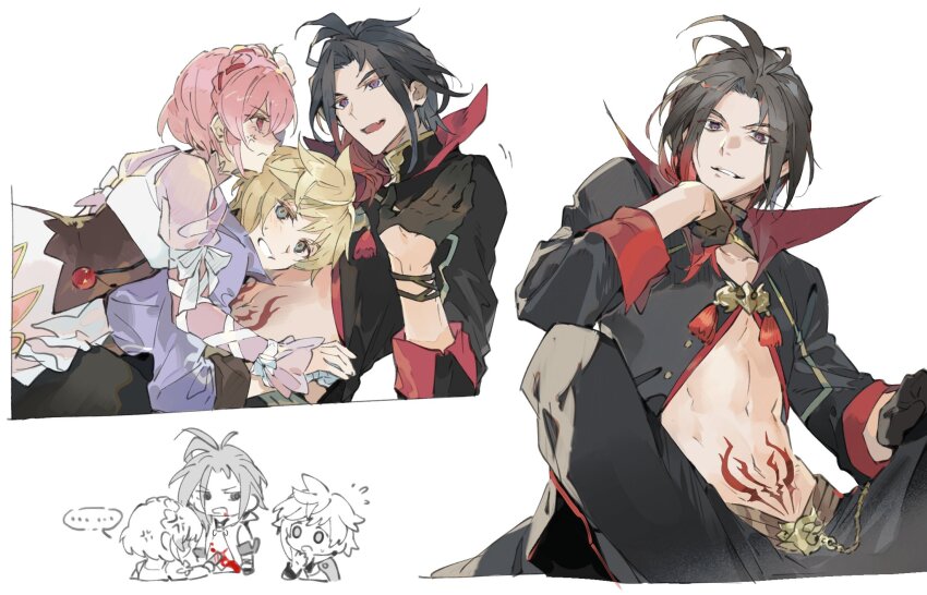 ... 1girl 2boys anger_vein black_gloves black_hair black_pants black_shirt blonde_hair blue_eyes boy_and_girl_sandwich braid chibi chibi_inset dress flower gloves hair_flower hair_ornament hair_ribbon half_gloves high_collar highres kanata_hjuger midriff midriff_tattoo misella multicolored_hair multiple_boys pants pink_eyes pink_hair purple_shirt red_hair ribbon_braid sandwiched see-through_clothes see-through_sleeves shirt short_hair spoken_ellipsis tales_of_(series) tales_of_crestoria two-tone_hair vicious_(tales) white_dress xing_20
