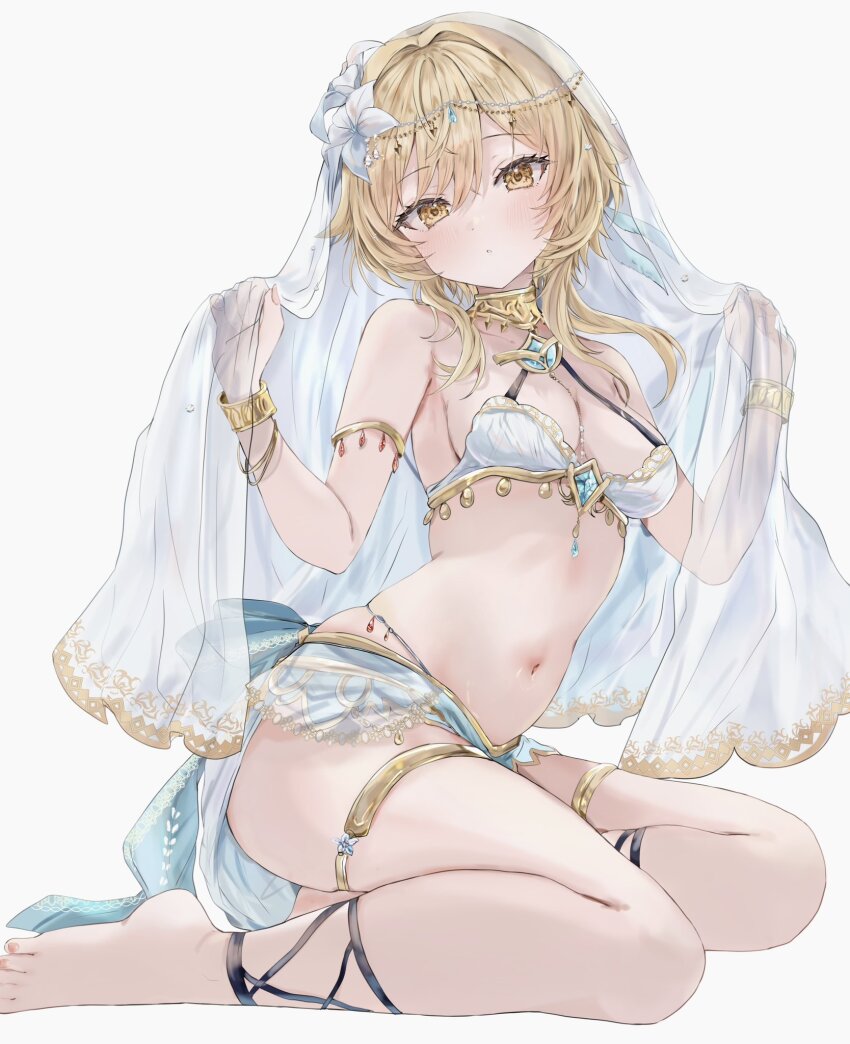 1girl alternate_costume bare_shoulders blonde_hair blue_gemstone blue_loincloth blush breasts cleavage closed_mouth commentary dancer fingernails flower gem genshin_impact hair_between_eyes hair_flower hair_ornament harem_outfit highres loincloth looking_at_viewer lumine_(genshin_impact) maruro medium_breasts navel seiza short_hair_with_long_locks simple_background sitting solo stomach symbol-only_commentary veil white_background white_flower white_veil yellow_eyes