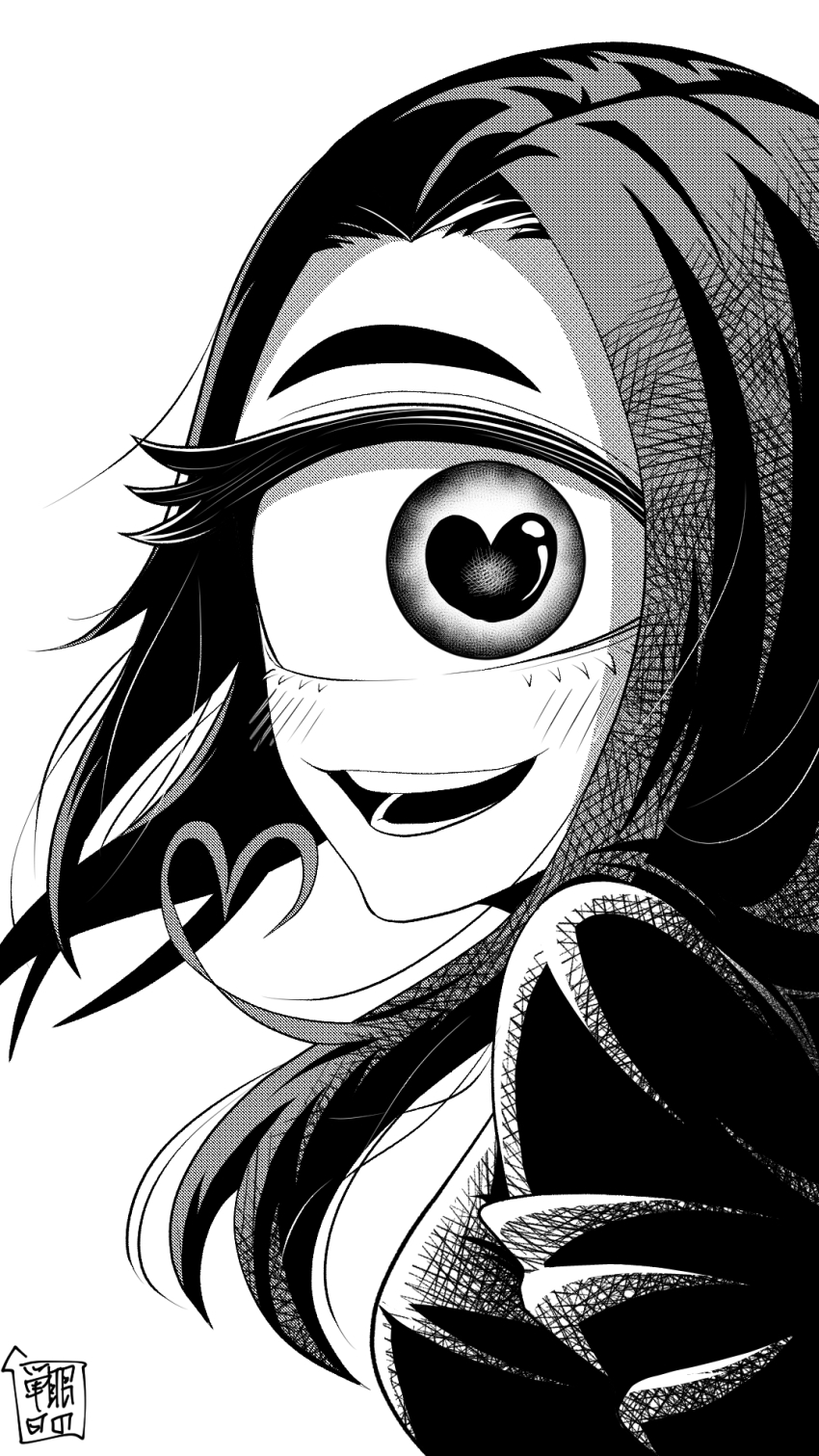 1girl blush cyclops greyscale heart heart-shaped_pupils heart_hair_strand highres long_hair monochrome one-eyed original simple_background smile solo symbol-shaped_pupils upper_body white_background yakochu