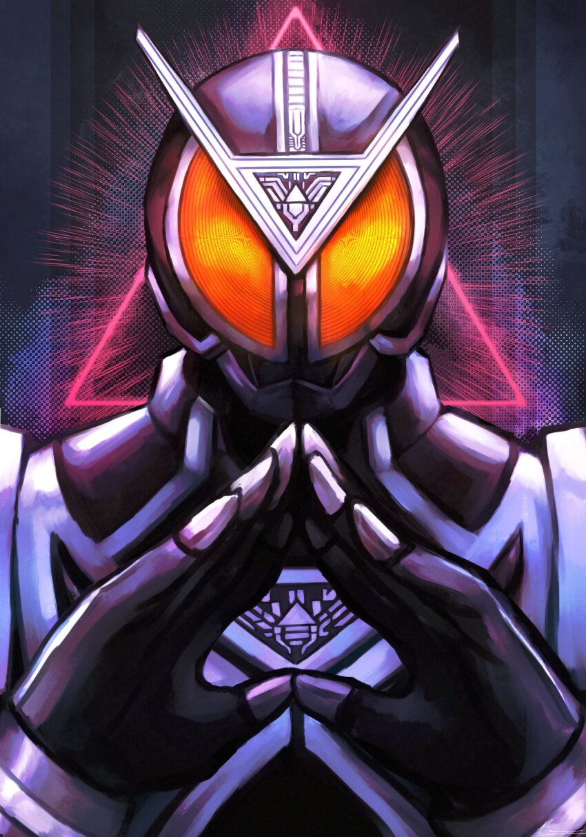 1boy antennae armor belt black_armor burmeoburmeo commentary commentary_request english_commentary fire glowing glowing_eyes helmet highres kamen_rider kamen_rider_555 kamen_rider_delta looking_at_viewer male_focus orange_eyes photoshop_(medium) solo triangle upper_body