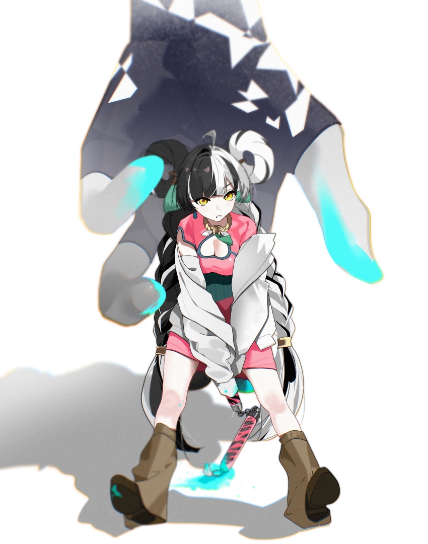 1girl absurdres ahoge black_hair blue_paint braid braided_twintails breast_cutout breasts brown_leg_warmers brown_shoes chinese_clothes cleavage clothing_cutout dialyn_(zenless_zone_zero) dress earrings full_body giant_hand hair_intakes hashtag-only_commentary heart_cutout highres holding holding_nunchaku holding_weapon jacket jewelry leg_warmers legs_apart long_hair looking_at_viewer lq9140 medium_breasts multicolored_hair nunchaku off_shoulder official_alternate_costume parted_lips pink_dress shadow shoes simple_background single_earring sleeves_past_fingers sleeves_past_wrists solo weapon white_background white_hair white_jacket yellow_eyes zenless_zone_zero