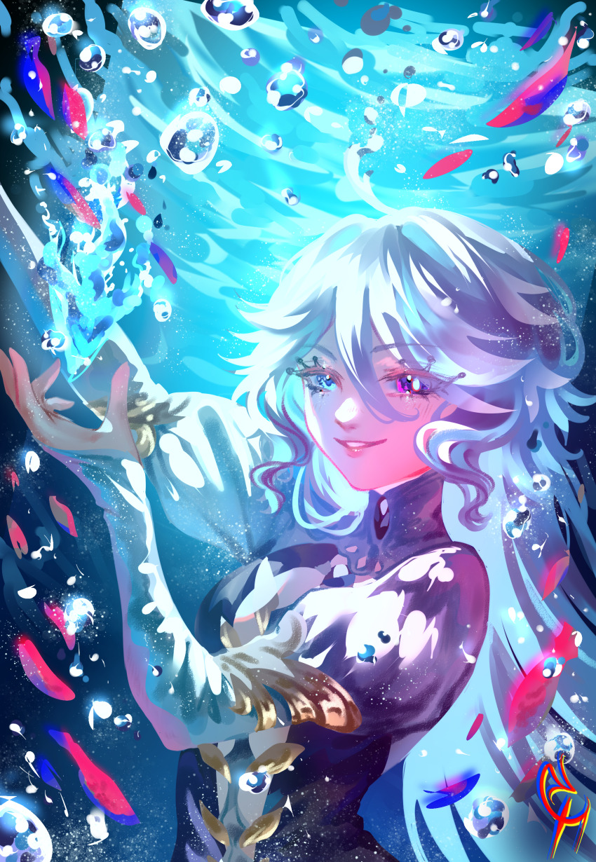 1girl absurdres ahoge air_bubble blue_dress blue_eyes blue_hair bubble coconuthound commentary dress drop-shaped_pupils english_commentary furina_(genshin_impact) genshin_impact hair_between_eyes hand_up heterochromia highres light_blue_hair long_hair long_sleeves looking_at_viewer multicolored_hair parted_lips smile solo streaked_hair sunlight symbol-shaped_pupils teeth underwater upper_body very_long_hair white_hair