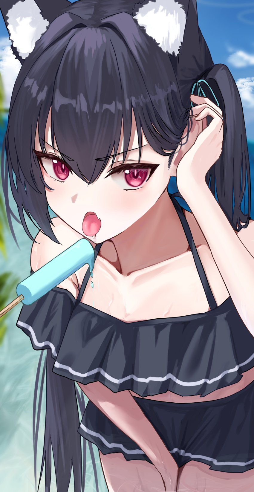 1girl absurdres adjusting_hair animal_ear_fluff animal_ears bare_shoulders between_legs bikini black_bikini blue_archive blue_ribbon blurry blurry_background blush cat_ears cat_girl collarbone commentary cowboy_shot day extra_ears eyelashes fang food frilled_bikini frills frown fujiwara_haru_(nekonote) hair_between_eyes hair_intakes hair_ribbon halterneck hand_between_legs hand_up highres leaning_forward long_hair looking_at_viewer melting_popsicle off-shoulder_bikini off_shoulder official_alternate_costume open_mouth outdoors pink_pupils popsicle red_eyes ribbon serika_(blue_archive) serika_(swimsuit)_(blue_archive) sexually_suggestive skin_fang slit_pupils solo straight_hair swimsuit tongue tongue_out tsurime twintails upturned_eyes v-shaped_eyebrows very_long_hair