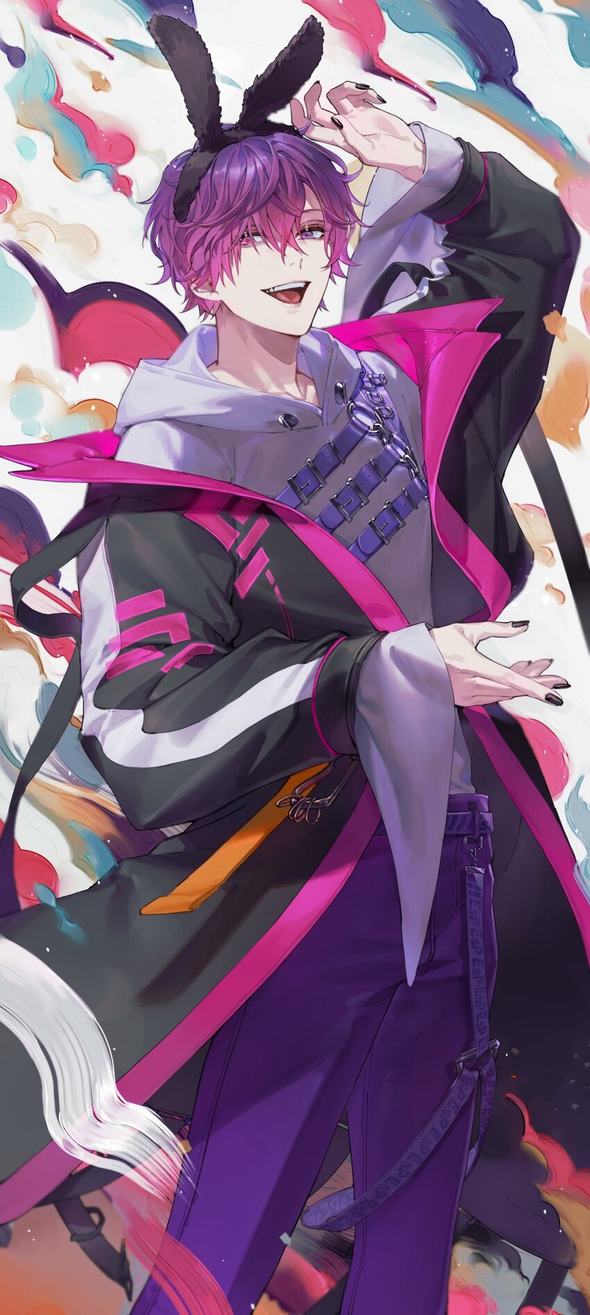 1boy absurdres animal_ear_hairband animal_ears arm_up belt_buckle black_jacket buckle chest_harness commentary fake_animal_ears feet_out_of_frame hairband harness heterochromia highres hood hood_down hooded_shirt jacket kiki_(re_6xxx) long_sleeves male_focus nail_polish nijisanji nijisanji_en open_mouth pants pink_eyes purple_eyes purple_hair purple_pants rabbit_ears shirt smile solo standing symbol-only_commentary teeth tongue two-sided_fabric two-sided_jacket uki_violeta uki_violeta_(1st_costume) upper_teeth_only virtual_youtuber white_shirt