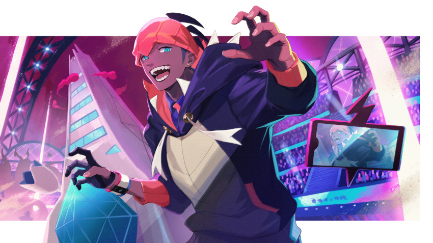 1boy black_hair blue_eyes claw_pose commentary_request crowd dark-skinned_male dark_skin duraludon earrings fingernails gen_4_pokemon gen_8_pokemon gigantamax gigantamax_duraludon gloves gym_leader hands_up hat highres hood hood_down hoodie jewelry light looking_to_the_side nintendo open_mouth orange_headwear peco-midori pokemon pokemon_(creature) pokemon_swsh raihan_(pokemon) rotom rotom_phone stadium teeth tongue