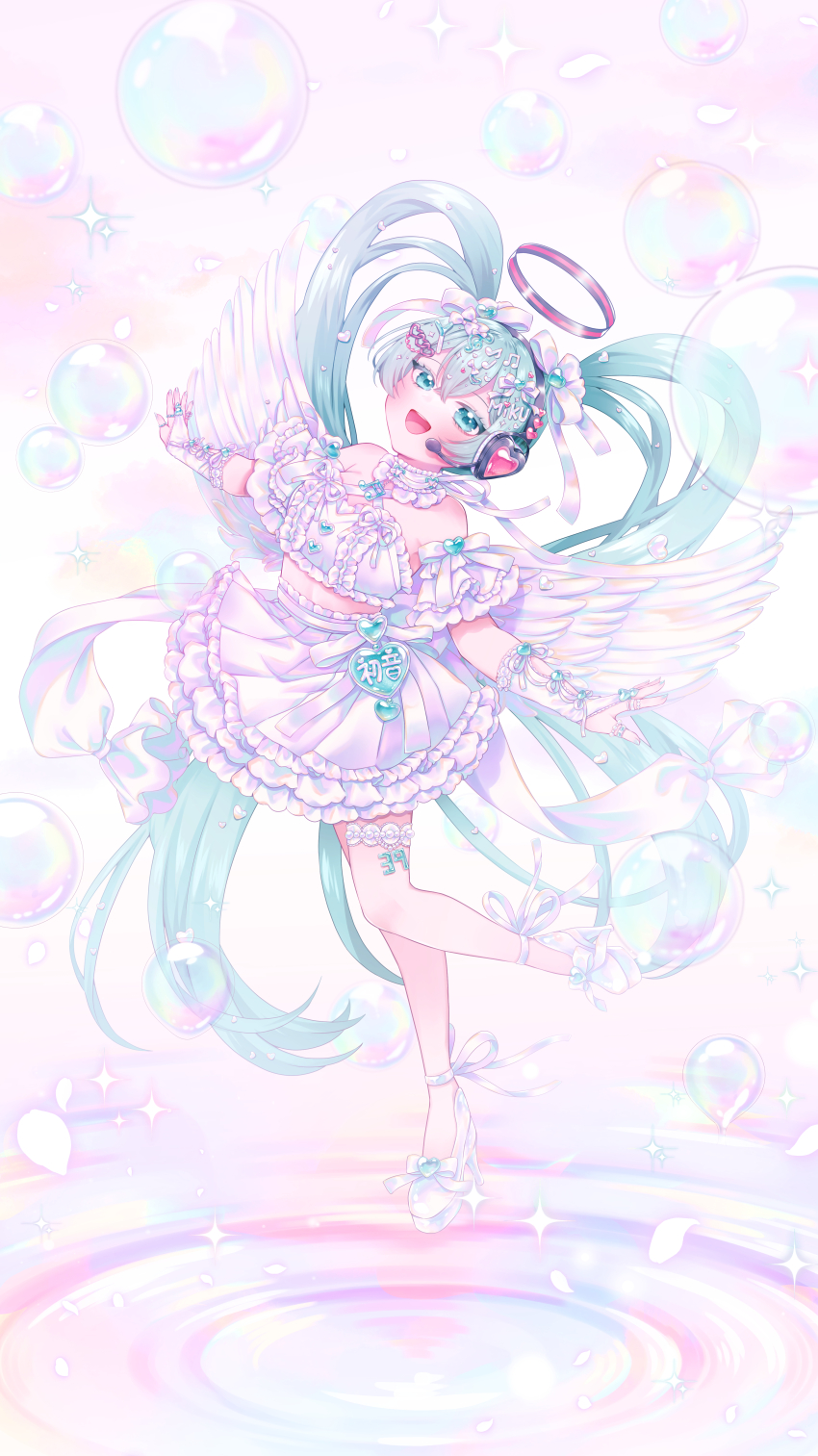 1girl 39 :d absurdres anniversary aqua_eyes aqua_hair breasts bubble character_name collar colored_eyelashes commentary detached_collar detached_sleeves foot_up fortissimo frilled_skirt frills full_body hair_between_eyes hair_ornament hair_ribbon halo hatsune_miku headset heart heart_hair_ornament highres jewelry long_hair multiple_rings musical_note musical_note_hair_ornament open_mouth ribbon ring short_sleeves skirt smile solo teeth tongue twintails upper_teeth_only very_long_hair vocaloid wasuru00 white_collar white_footwear white_ribbon white_skirt white_sleeves wings yume_kawaii