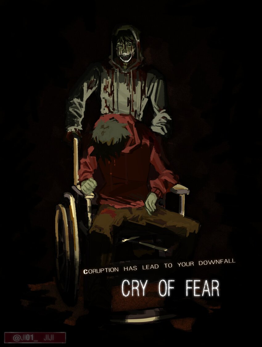 2boys absurdres black_eyes black_hair blood blood_from_forehead blood_on_clothes blood_on_face blood_on_ground clenched_hand cry_of_fear dual_persona elbow_rest english_text evil_grin evil_smile grey_hoodie grin head_down highres holding_wheelchair hood hood_down hood_up hoodie ji01_jiji looking_at_viewer multiple_boys pushing_wheelchair red_hoodie short_hair silent_hill_(series) simon_henriksson simon_henriksson_(book) smile spread_legs standing underlighting wheelchair
