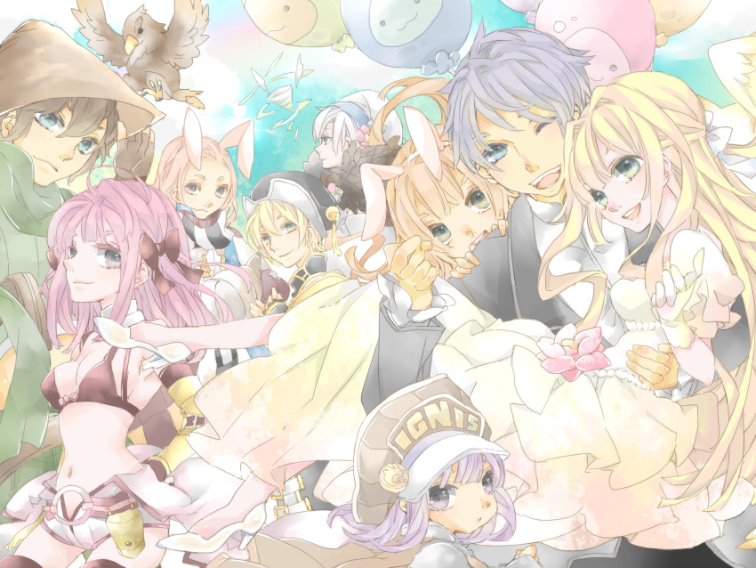 4girls 5boys ajirogasa animal_ears arch_bishop_(ragnarok_online) balloon bikini bikini_top_only black_bikini black_hat black_scarf blonde_hair blue_eyes blue_flower bow breasts bride brown_bow brown_hair brown_hat carrying cleavage commentary_request dress drops_(ragnarok_online) fake_animal_ears flower full_body fur_collar genetic_(ragnarok_online) gloves green_eyes green_scarf green_shirt grey_hair groom hair_bow hat hat_flower hetero highres hotate_(pixiv11131971) ignis_cap jumpsuit jumpsuit_around_waist long_hair looking_at_viewer marin_(ragnarok_online) mechanic_(ragnarok_online) medium_breasts minstrel_(ragnarok_online) multiple_boys multiple_girls noah_hat_(ragnarok_online) one_eye_closed open_mouth pink_hair poring princess_carry purple_eyes purple_hair rabbit_ears ragnarok_online ranger_(ragnarok_online) red_flower scarf shirt short_hair smile sorcerer_(ragnarok_online) striped_clothes striped_scarf swimsuit tam_(ragnarok_online) ventus_(ragnarok_online) wedding whirlwind white_hair white_hat white_jumpsuit white_scarf yellow_dress yellow_gloves