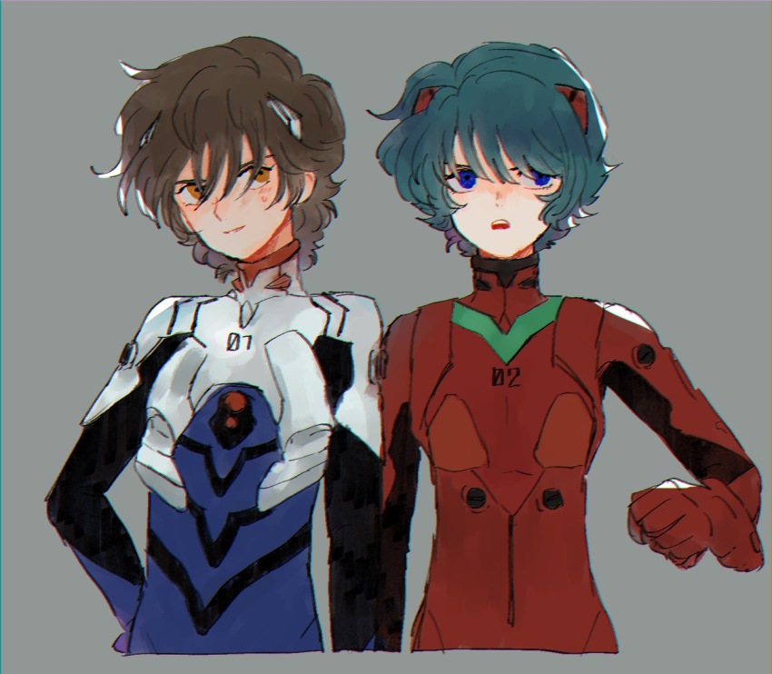 2boys artist_request banagher_links blue_eyes blue_hair bodysuit brown_eyes brown_hair cosplay gundam gundam_unicorn ikari_shinji_(cosplay) kamille_bidan mecha_pilot_suit multiple_boys neon_genesis_evangelion plugsuit_(cosplay) plugsuit_(evangelion) souryuu_asuka_langley_(cosplay) zeta_gundam
